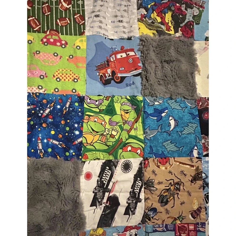 Handmade 54x37 Sensory Squares Blanket Kid Faux Fur Trim Tie Dyed Fleece Backing